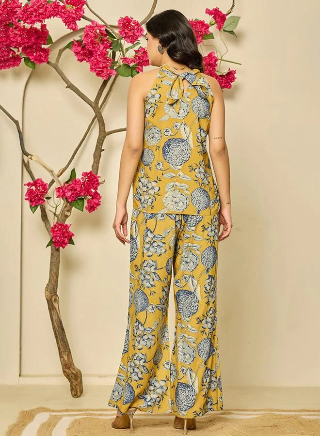 KASYA Yellow Viscose Printed Halter Neck Co-ord Set